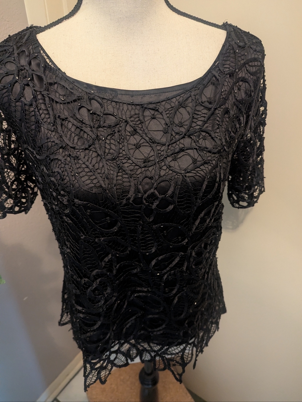 Silken Poetry lace Overlay Short Sleeve Top - Black.